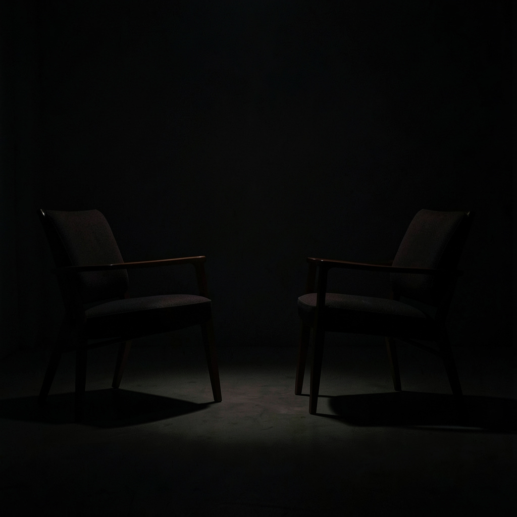 A dark square image suggesting peer connection, two chairs facing each other in soft shadow
